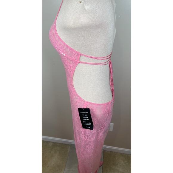 RETROFETE Shivonne Sheer Floral Sequin Halterneck Paradise Pink Maxi Dress Sz L - Picture 6 of 11